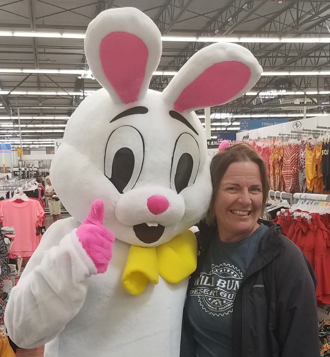 Wild Bunch owner Laurel Darren with the Easter Bunny