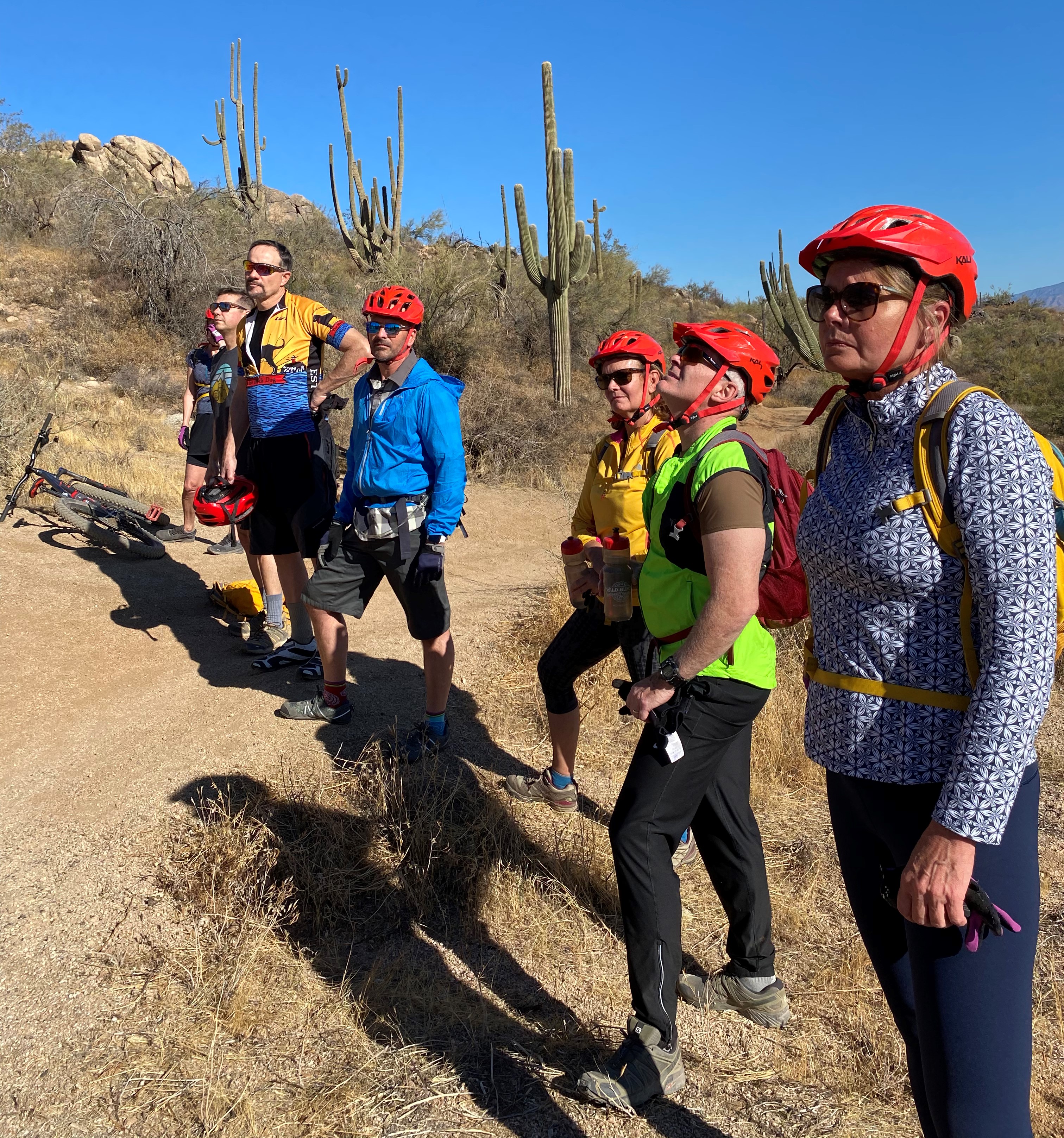 While looking over an iconic Saguaro Cactus, the 2019 Heinly group of friends listens intently to their Wild Bunch guide during a Phoenix mountain biking tour. From left to right: Michelle Davis, Mike Kuczala, Chris Heinly, Scott Davis, Noel Garapola, Joe Garapola and Cyndy Kuczala.