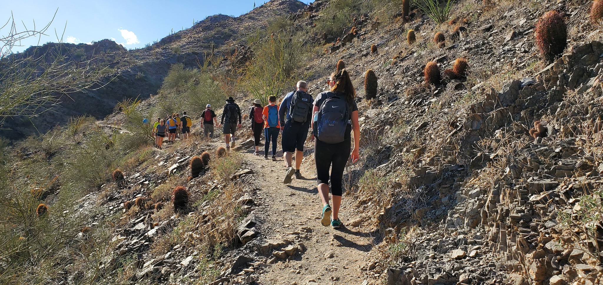 A long line of hikers make their way across a rocky ridge line during a Wild Bunch Desert Guides adventure.