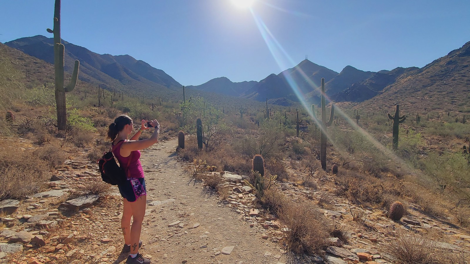 A woman hiker pauses in the bright sunshine to take a picture of the beautiful scenery during one of the Scottsdale hiking tours from the Wild Bunch Desert Guides. 