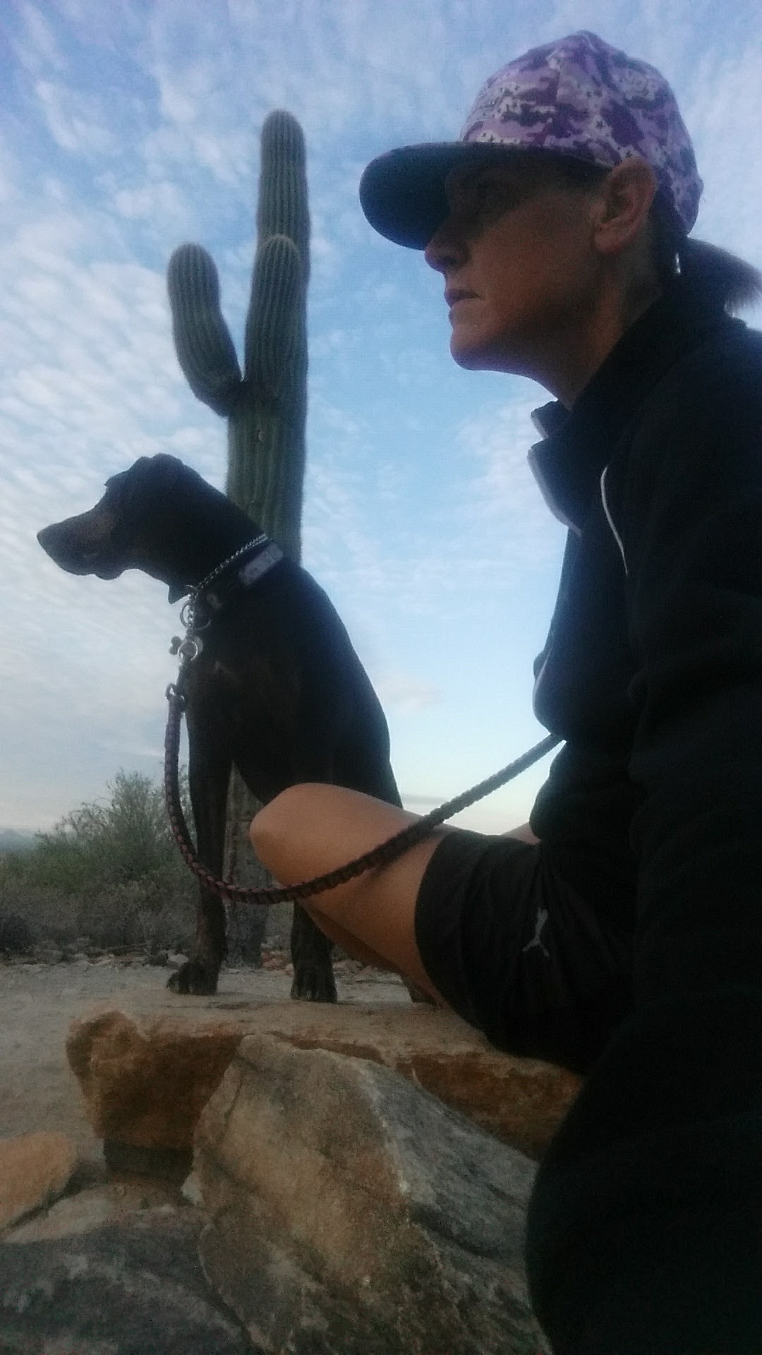 Daisy Mae, left, and her owner Laurel Darren enjoy a quiet moment of reflection surrounded by nature during the early-morning quiet of a Phoenix dog hike.