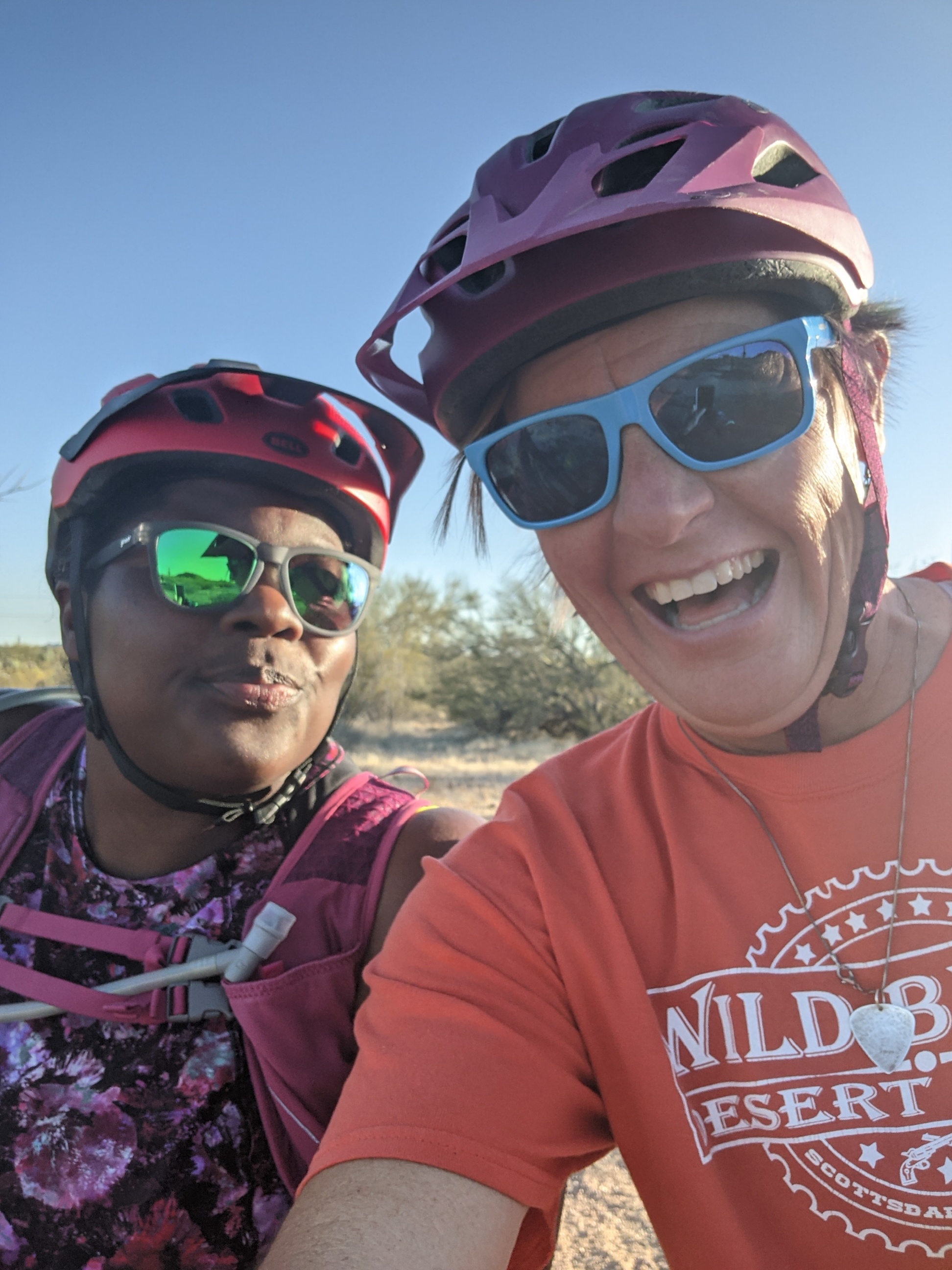 The Mirnavator (left) and Laurel Darren have their helmets on and are ready for their first mountain bike ride together. 