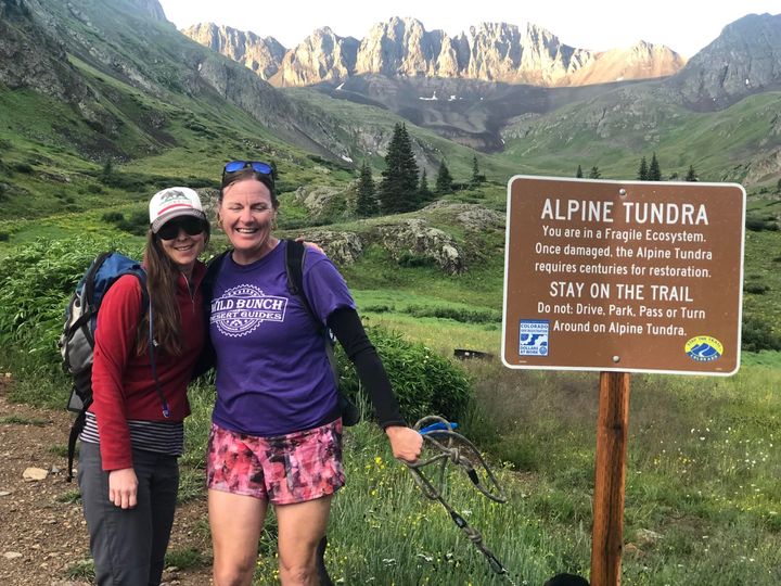 Lydia McNeese, Laurel Darren and Plott Hound Waylon are ready to explore on the trail to Handies Peak.