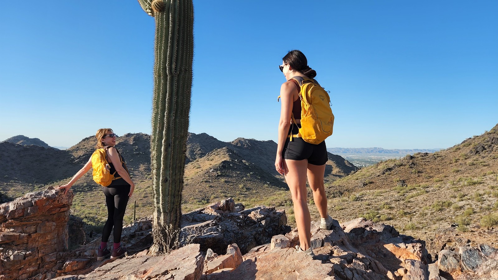 A mother and daughter soak in the fantastic views of the Sonoran Desert's exotic beauty during one of the Phoenix hiking tours from the Wild Bunch Desert Guides.