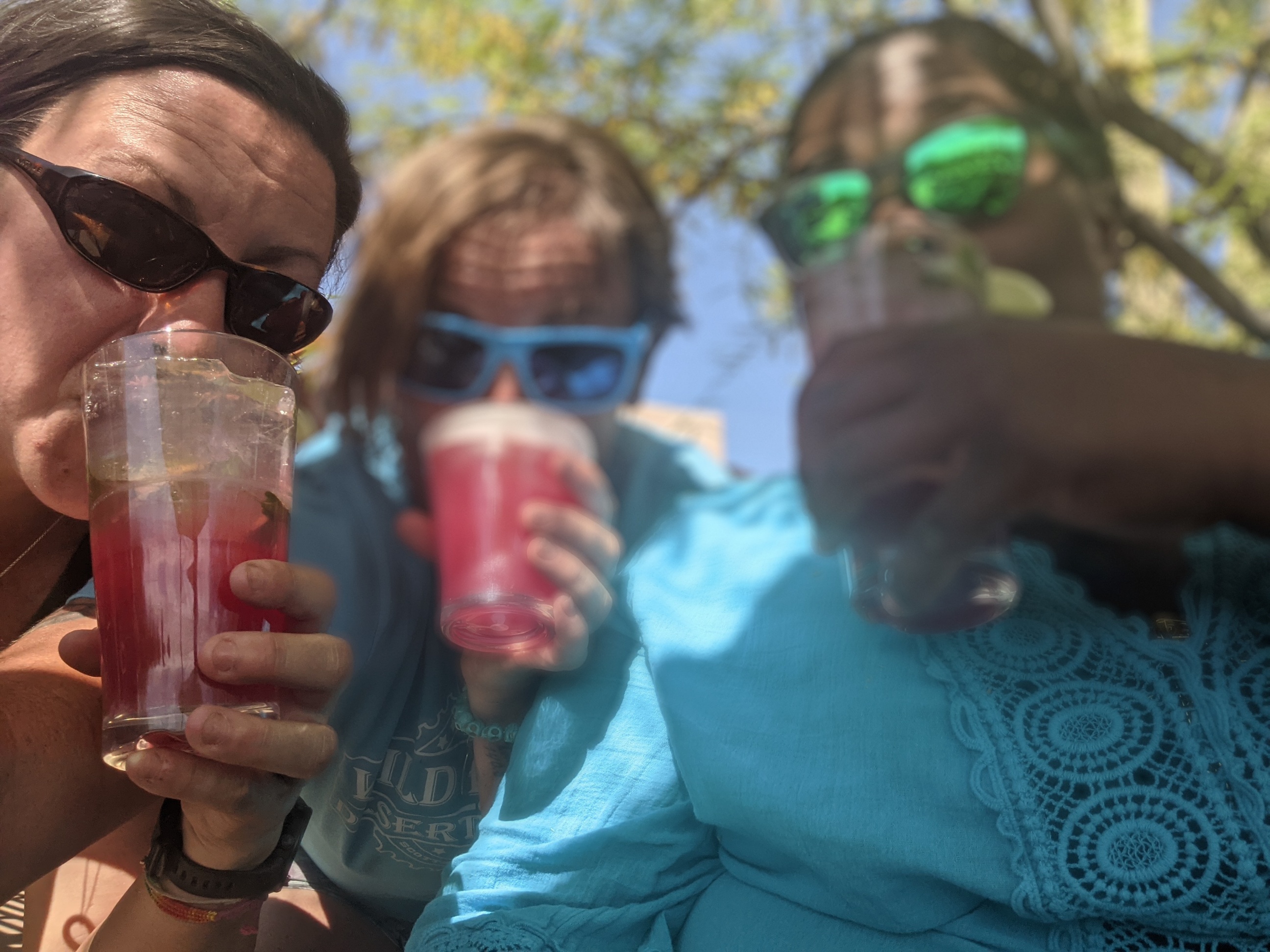 Michelle Craig (left), Laurel Darren (center) and Mirna Valerio enjoy either a Prickly Pear Margarita or Mojito during one of their all-girl talk sessions after another day of mountain biking.