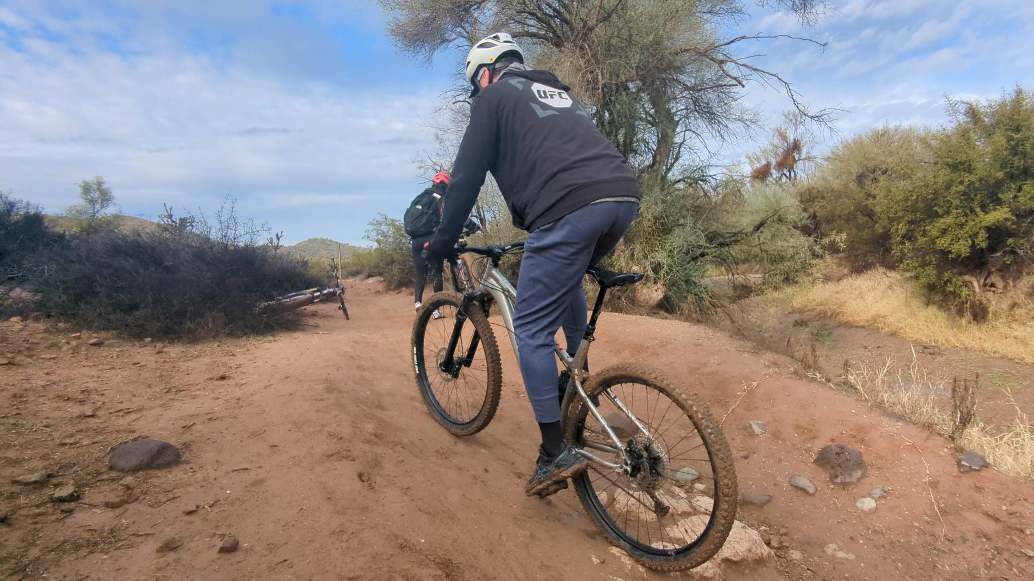 Brent and Gabby finish an uphill portion of the trail during their Phoenix mountain bike tour.