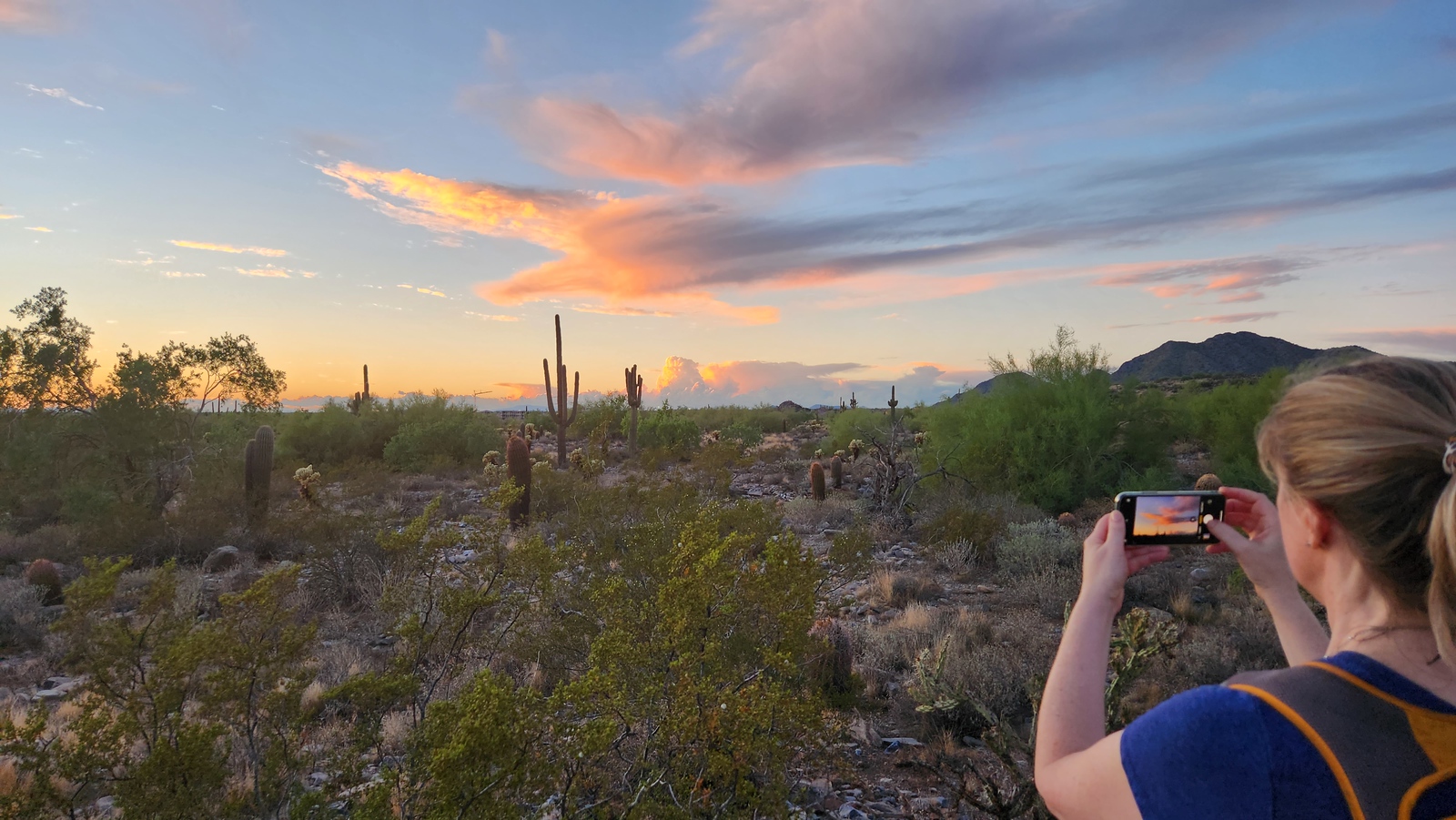 A female guest takes a picture of another memorable Arizona horizon during one of the Phoenix hiking tours from the Wild Bunch Desert Guides.