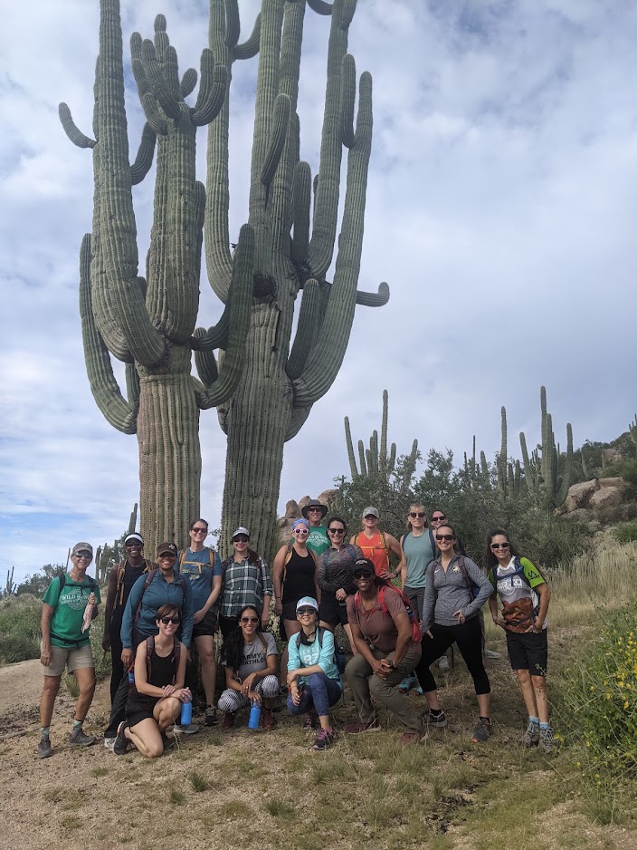 The Veterans pause during their Wild Bunch Desert Guides hiking tour to take a group picture in the shadow of an iconic Arizona cactus.