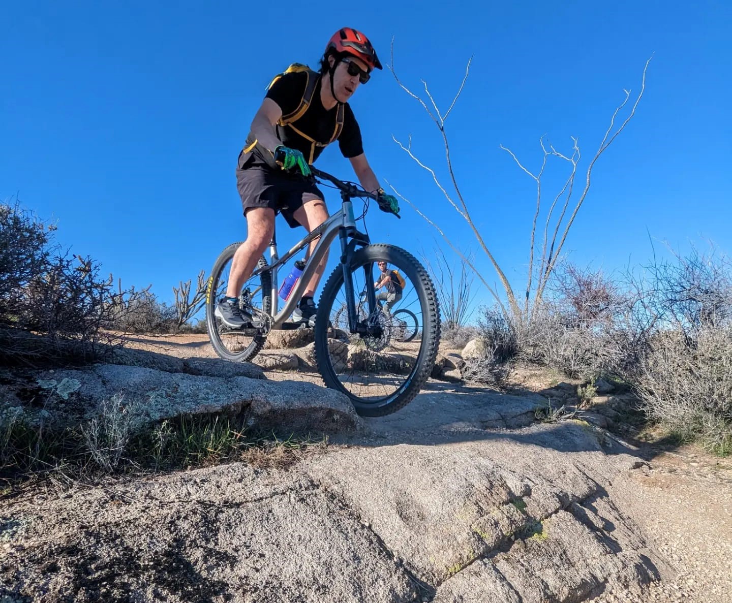 During a Phoenix mountain bike tour, a Wild Bunch guest descends a rocky down hill.
